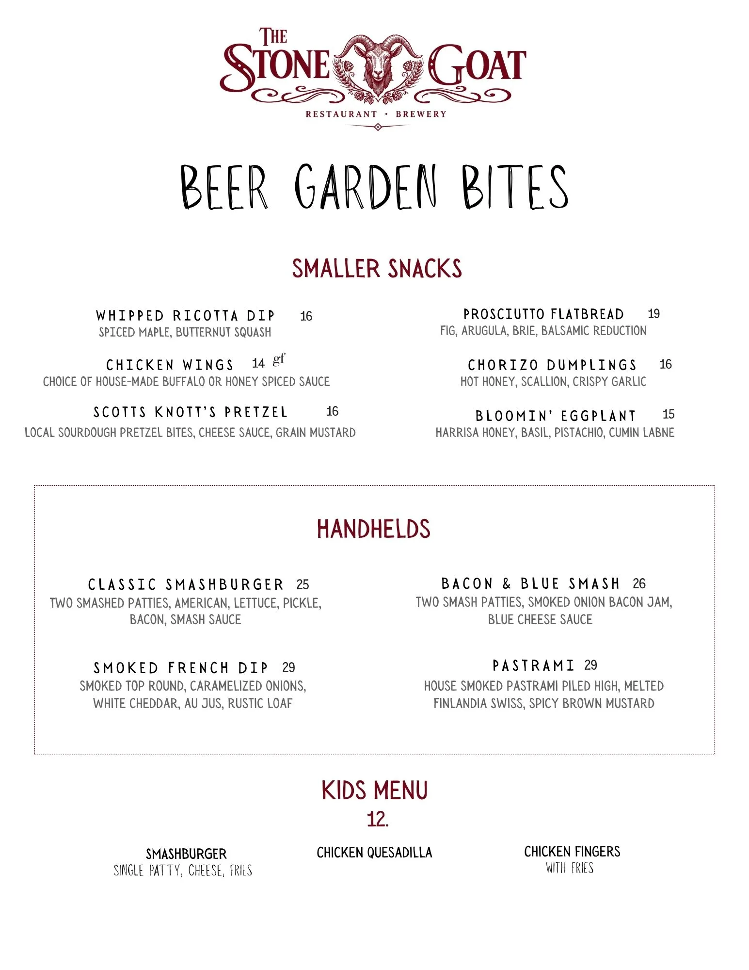 Menu page 5: Beer Garden Bites: Smaller Snacks, Handhelds and Kids Menu